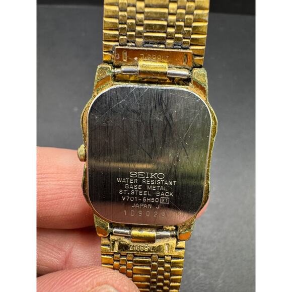 Seiko Galaxy Tank Watch Women 20mm Black Woven Dial Gold Tone V701-5H50 20MM main image 6